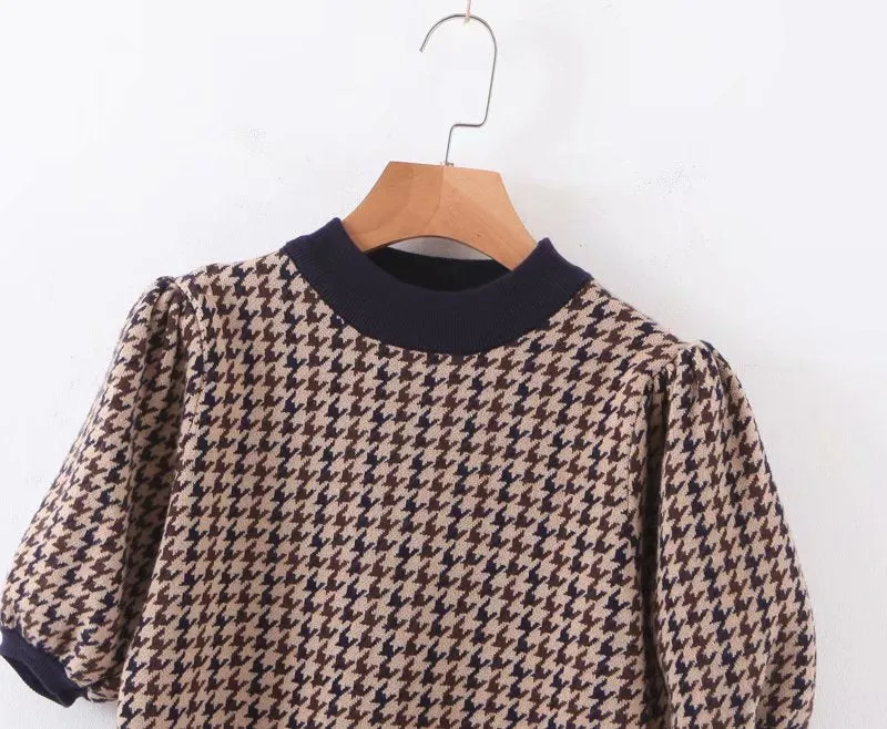 Houndstooth Lantern Sleeve Knitting Half High Collar Sweater