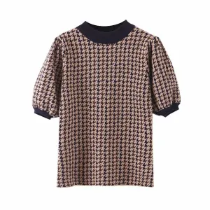 Houndstooth Lantern Sleeve Knitting Half High Collar Sweater