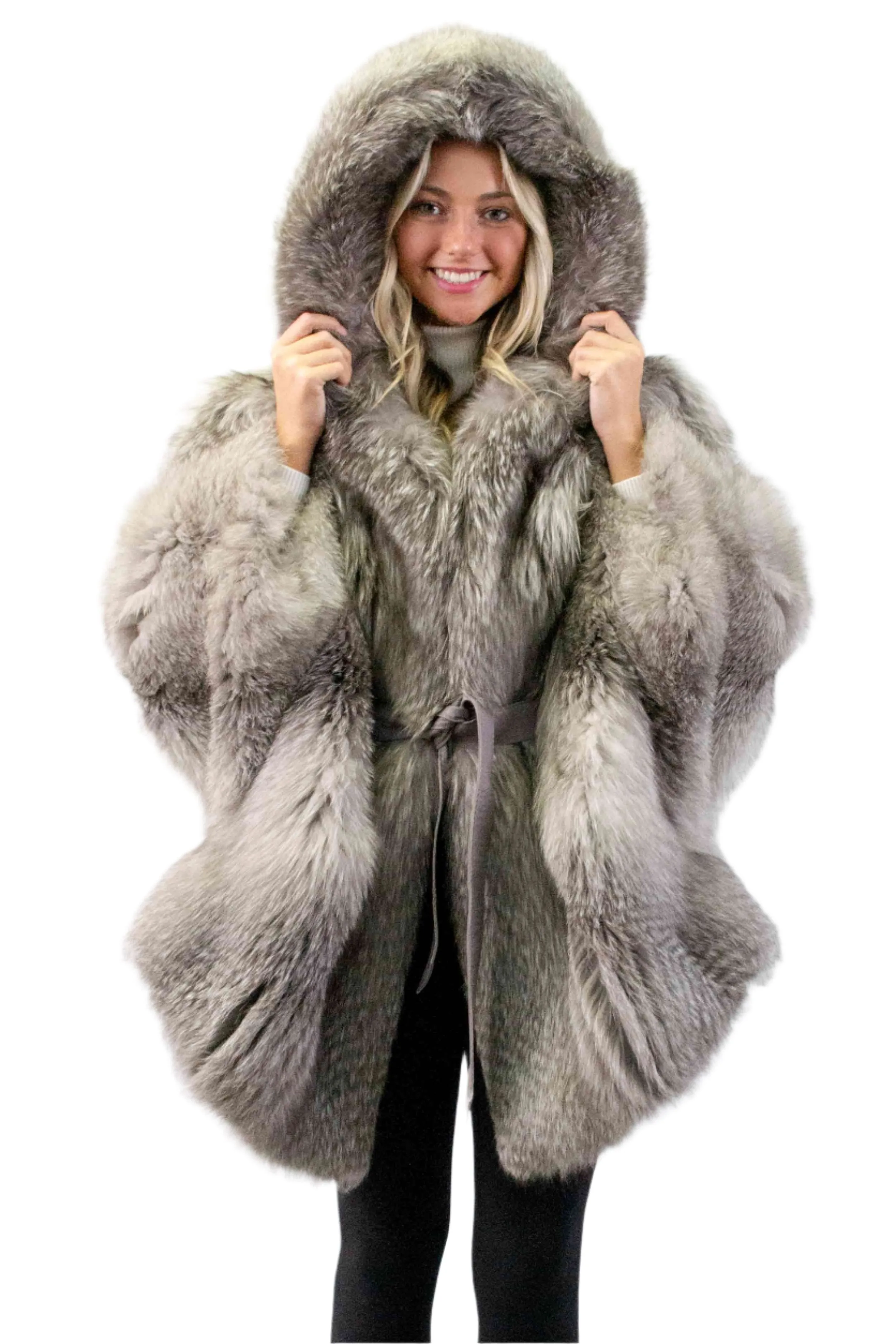 Indigo Fox Fur Cape with Hood & Leather Belt