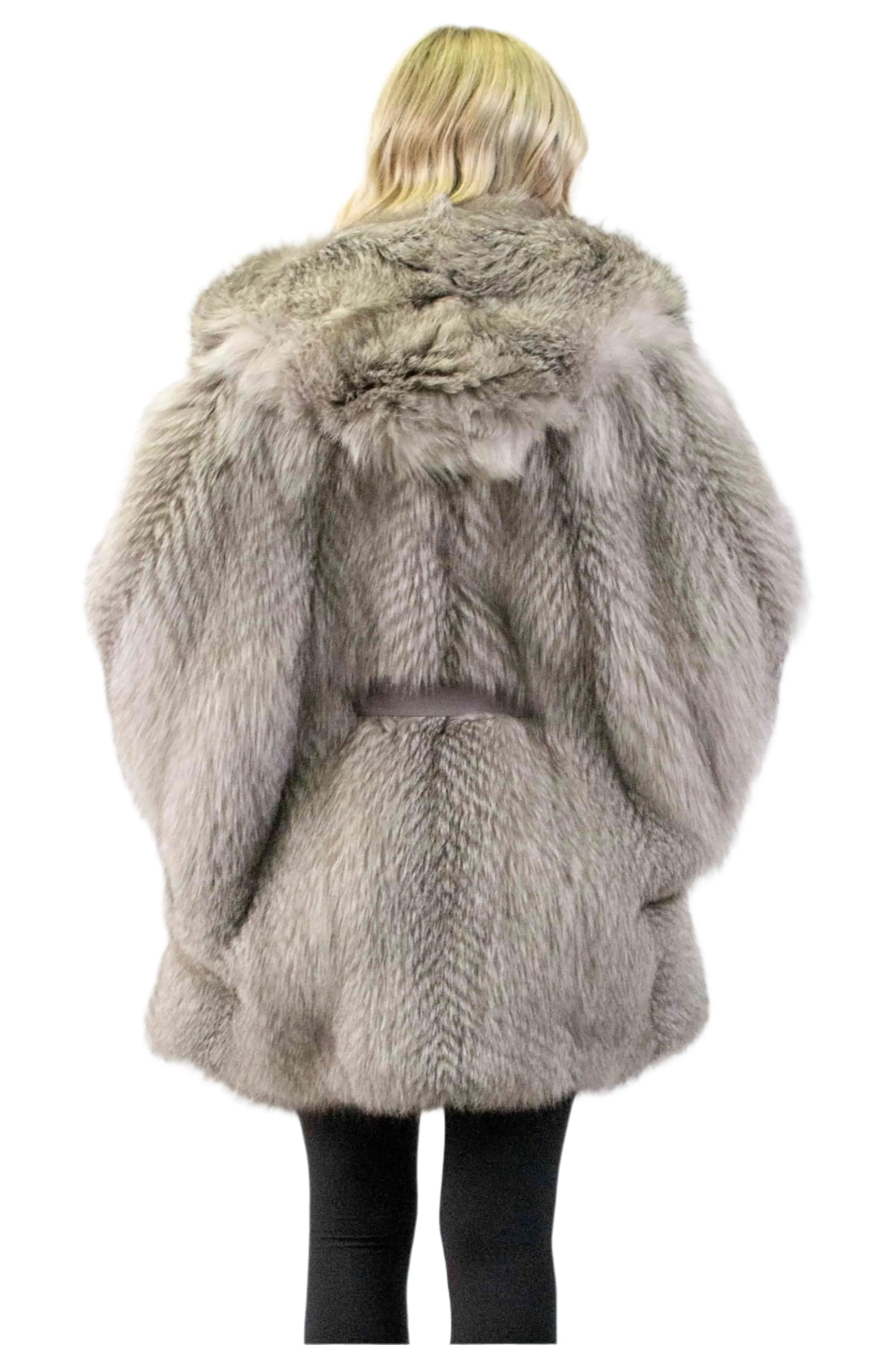 Indigo Fox Fur Cape with Hood & Leather Belt