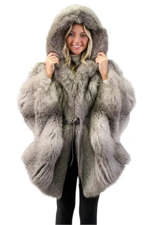Indigo Fox Fur Cape with Hood & Leather Belt