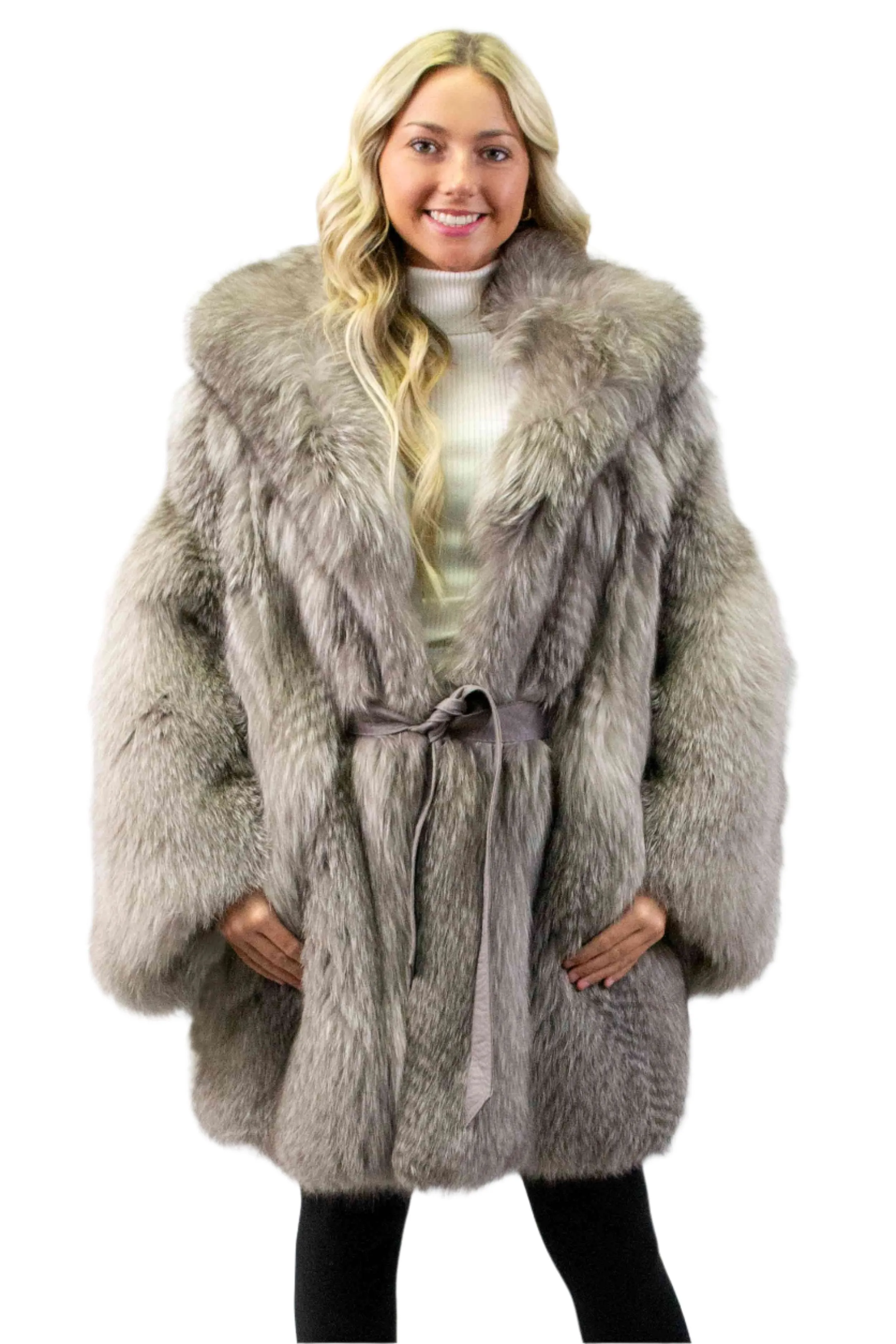 Indigo Fox Fur Cape with Hood & Leather Belt