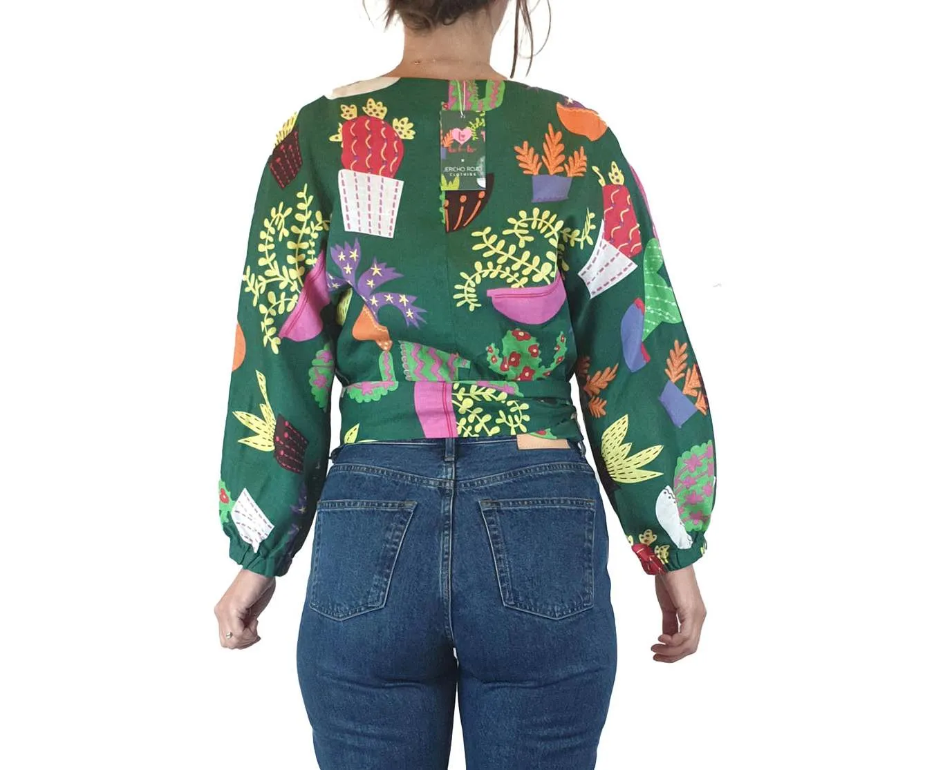 Jericho Road cropped green "crazy cactus" print wrap top size 8