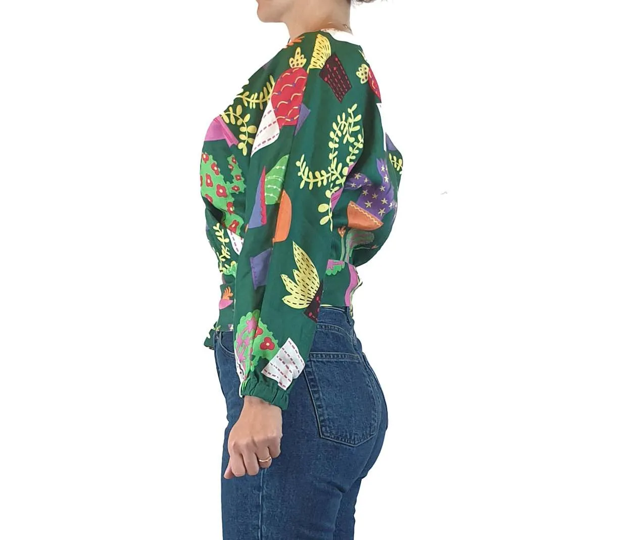 Jericho Road cropped green "crazy cactus" print wrap top size 8