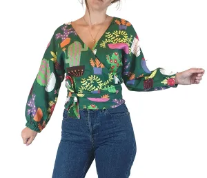 Jericho Road cropped green "crazy cactus" print wrap top size 8