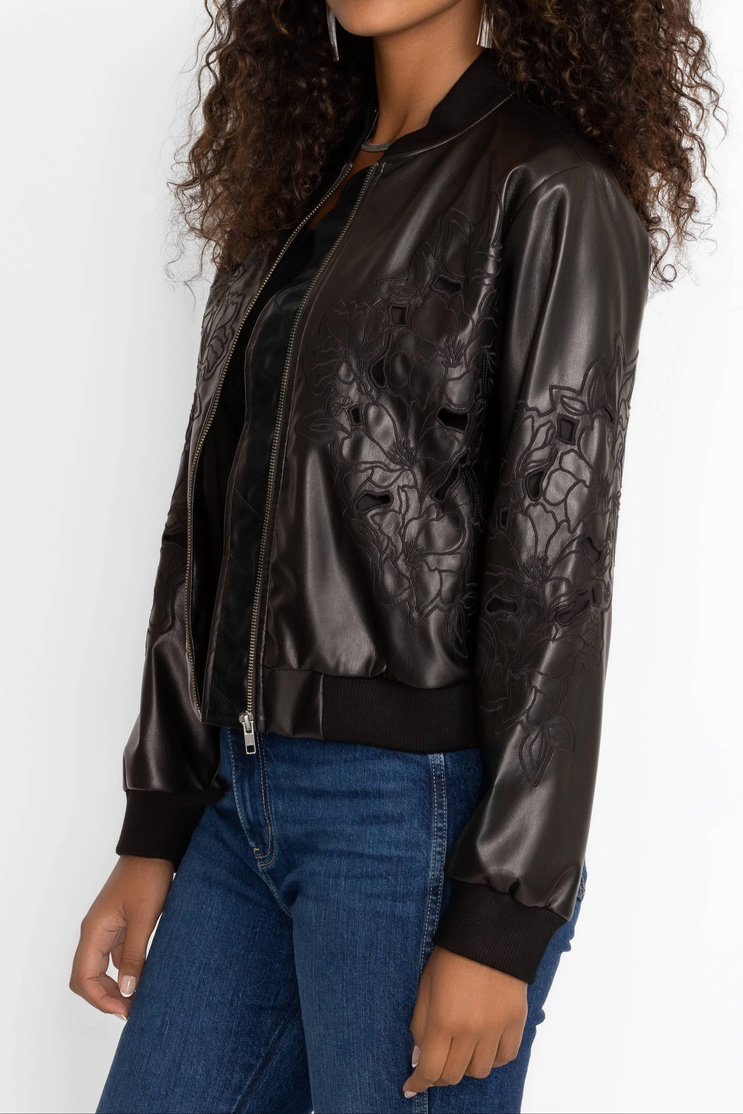 Johnny Was Melanie Vegan Leather Bomber Jacket Black
