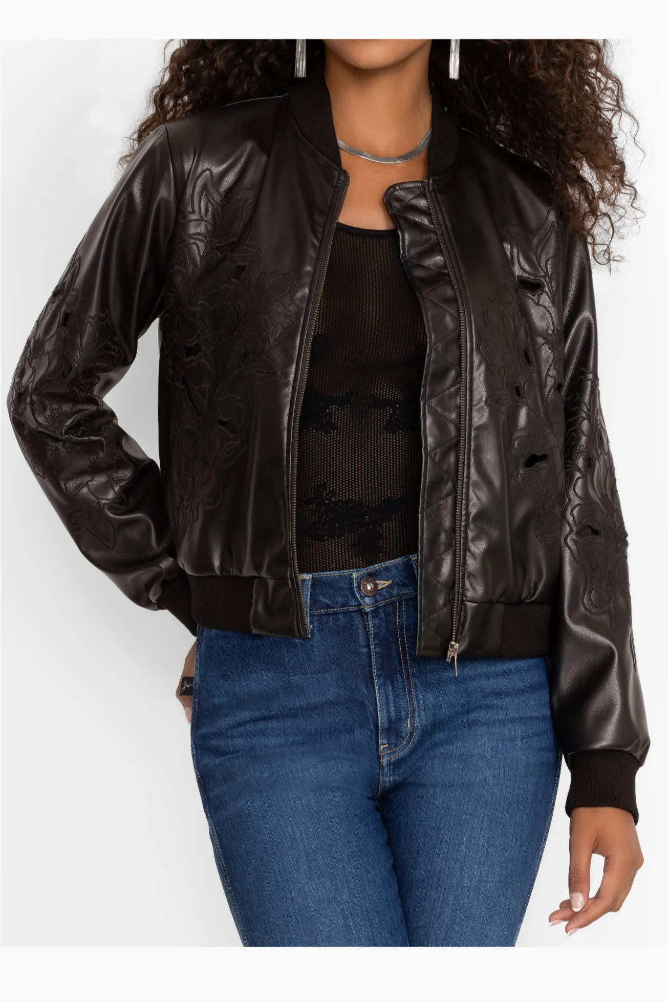 Johnny Was Melanie Vegan Leather Bomber Jacket Black