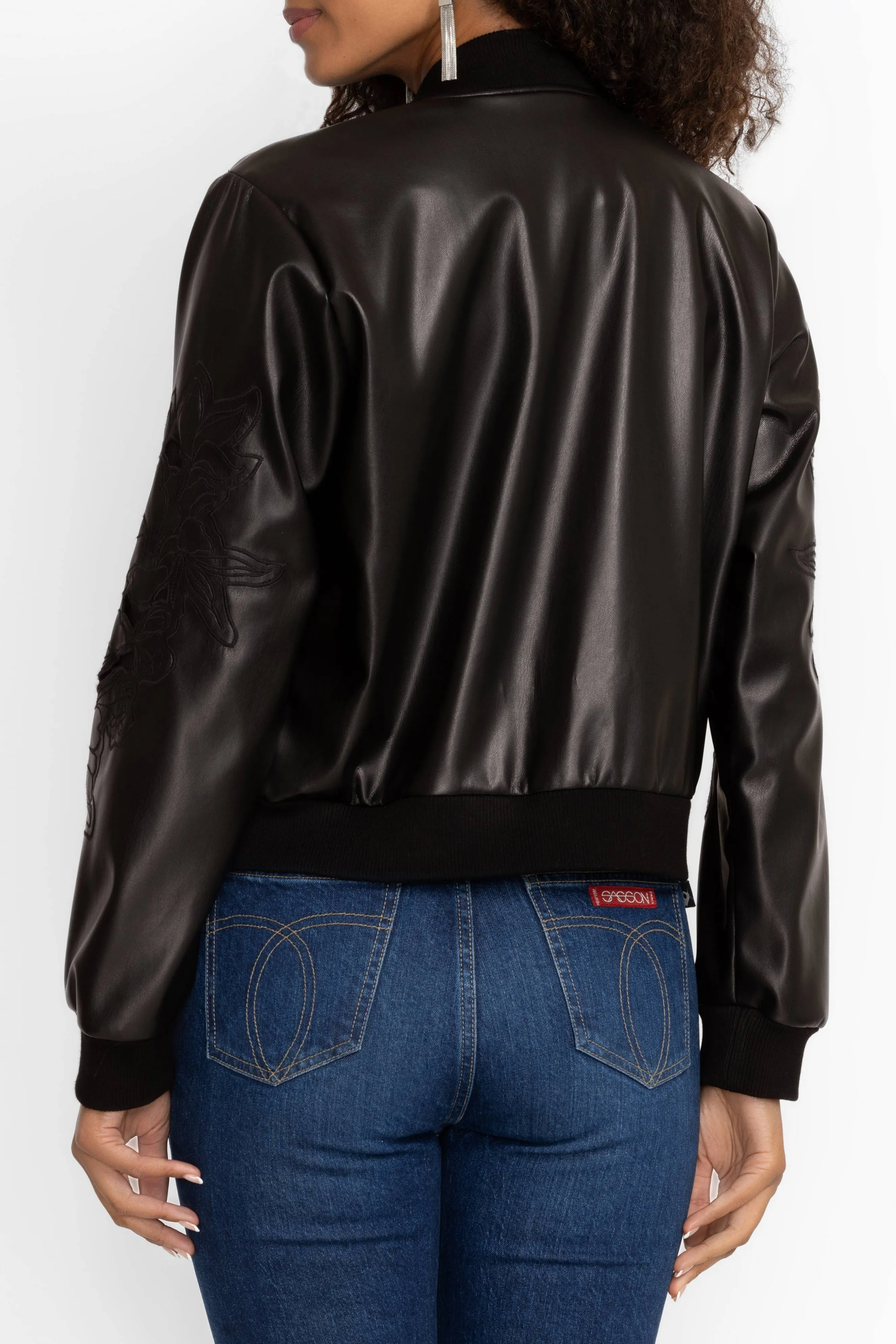Johnny Was Melanie Vegan Leather Bomber Jacket Black