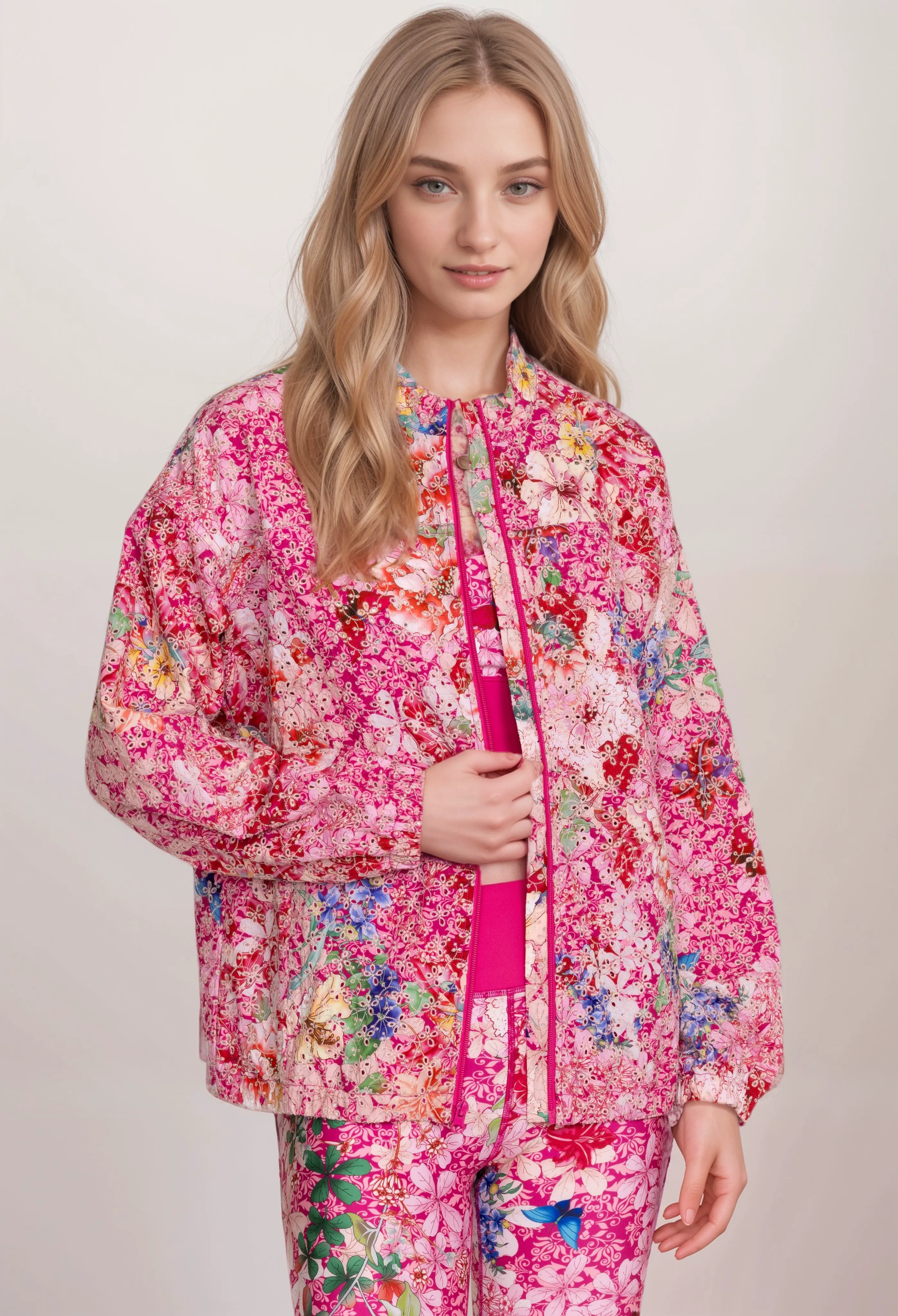 Johnny Was Pink Bee Active Eyelet Sporty Zip Jacket A8124