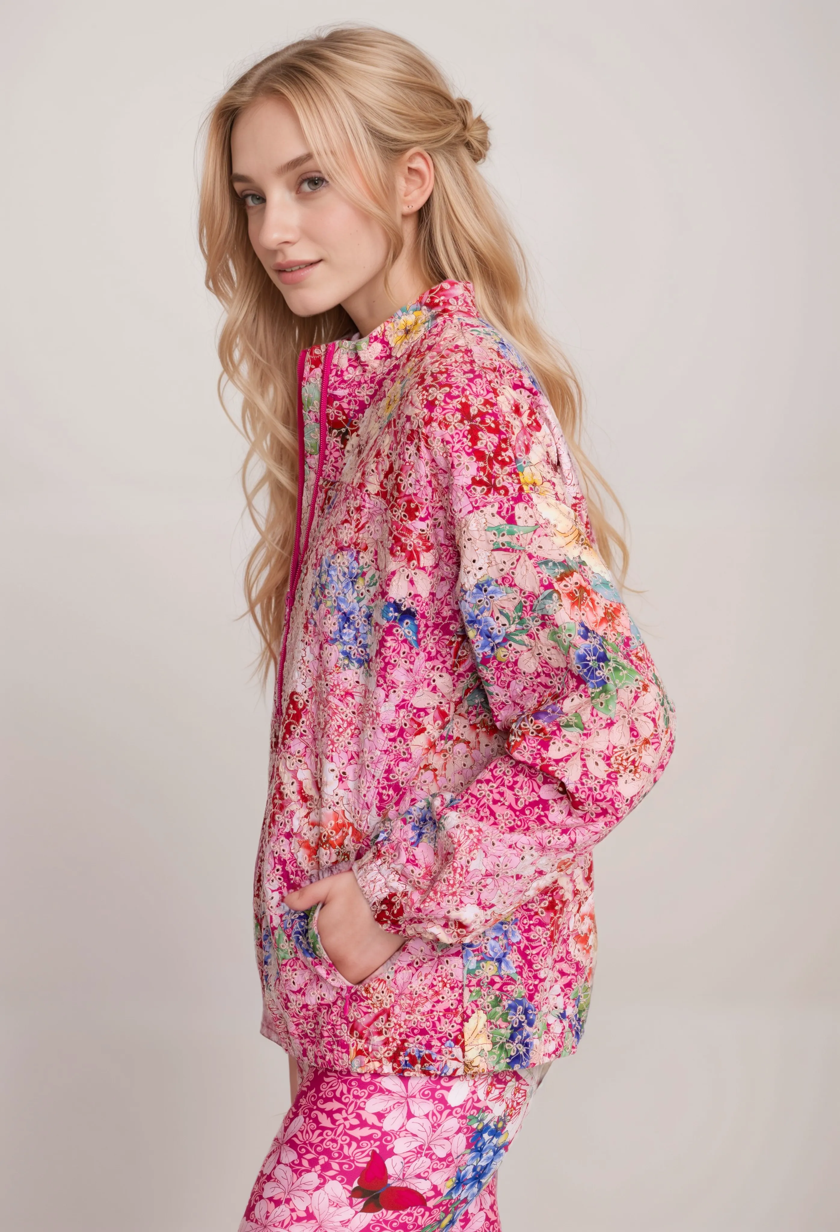 Johnny Was Pink Bee Active Eyelet Sporty Zip Jacket A8124