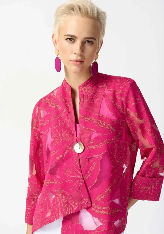 Joseph Ribkoff Pink/Gold Tropical Print Swing 3/4 Sleeves Jacket 242219