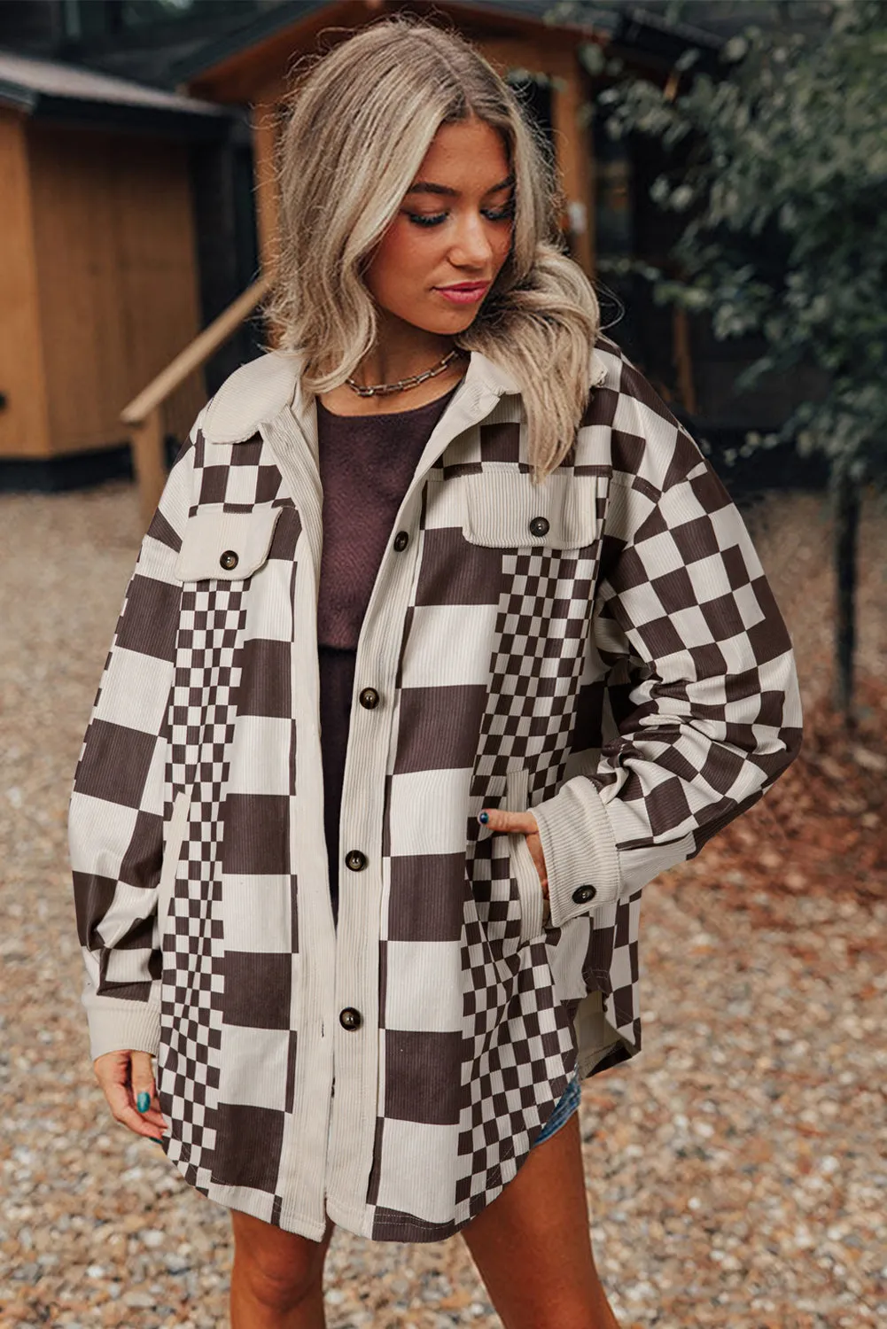 KaleaBoutique Checkered Print Patchwork Corduroy Shacket