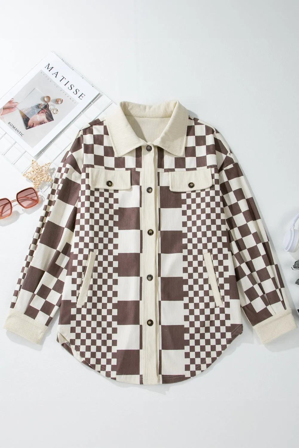 KaleaBoutique Checkered Print Patchwork Corduroy Shacket