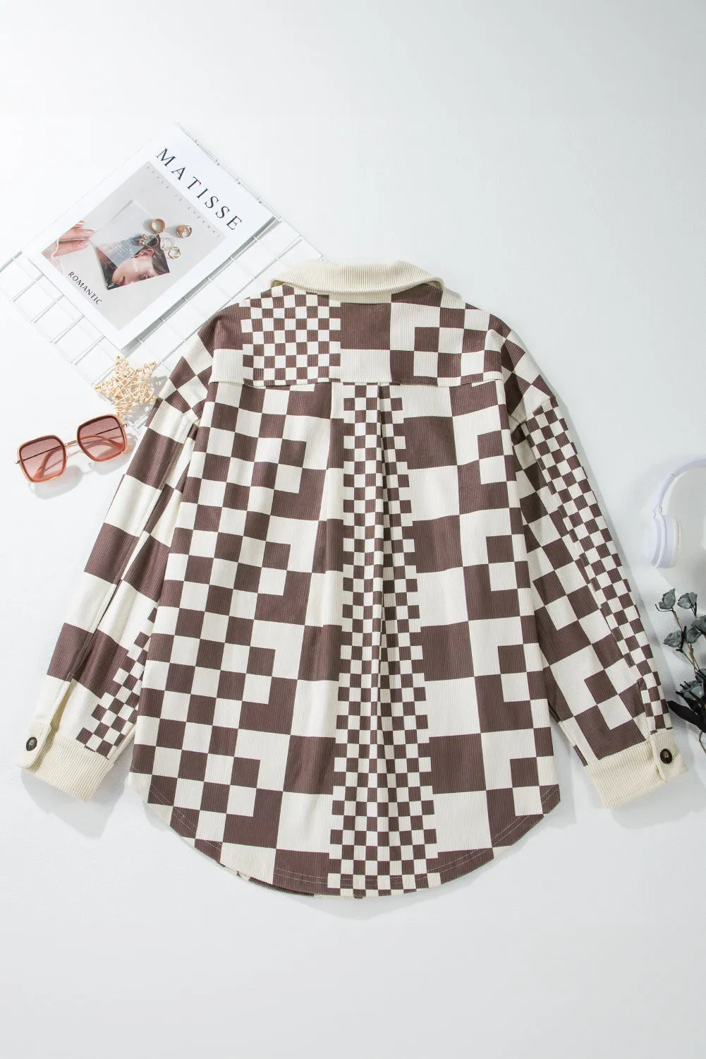 KaleaBoutique Checkered Print Patchwork Corduroy Shacket
