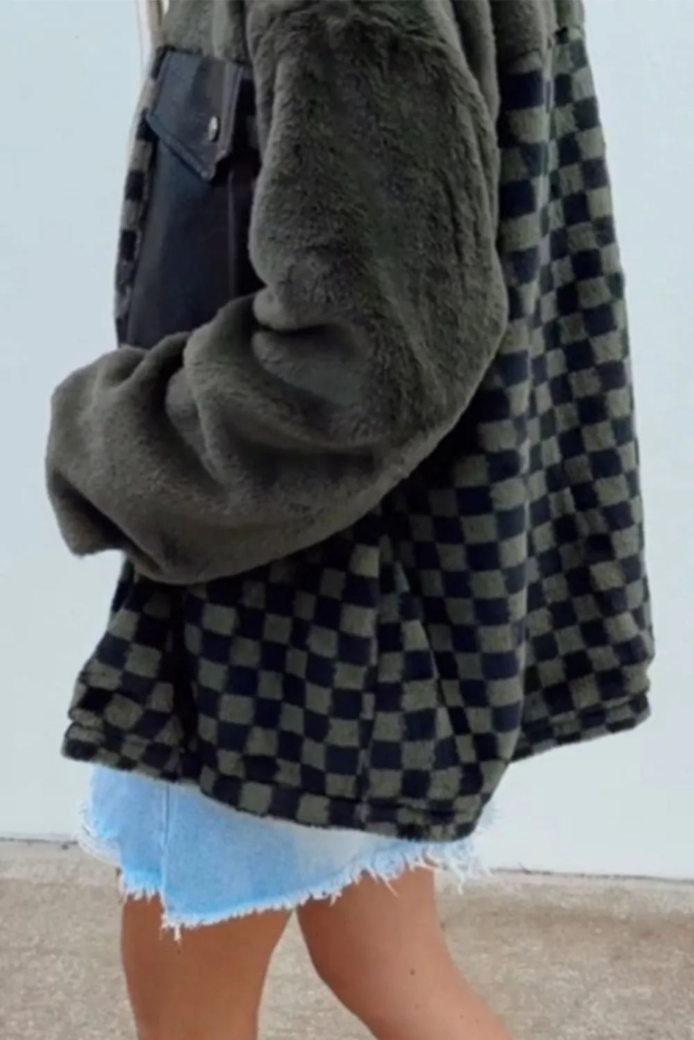 KaleaBoutique Fleece Checkerboard Flap Pocket Snap Button Jacket