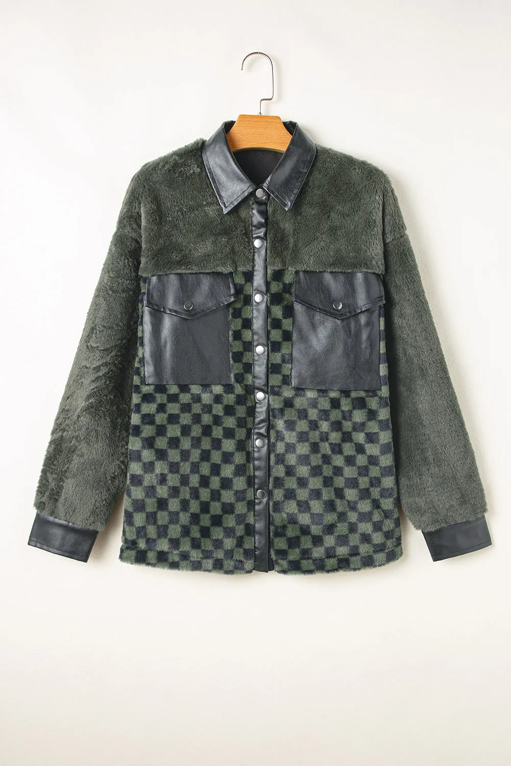 KaleaBoutique Fleece Checkerboard Flap Pocket Snap Button Jacket