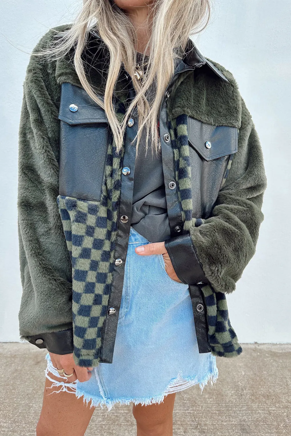 KaleaBoutique Fleece Checkerboard Flap Pocket Snap Button Jacket