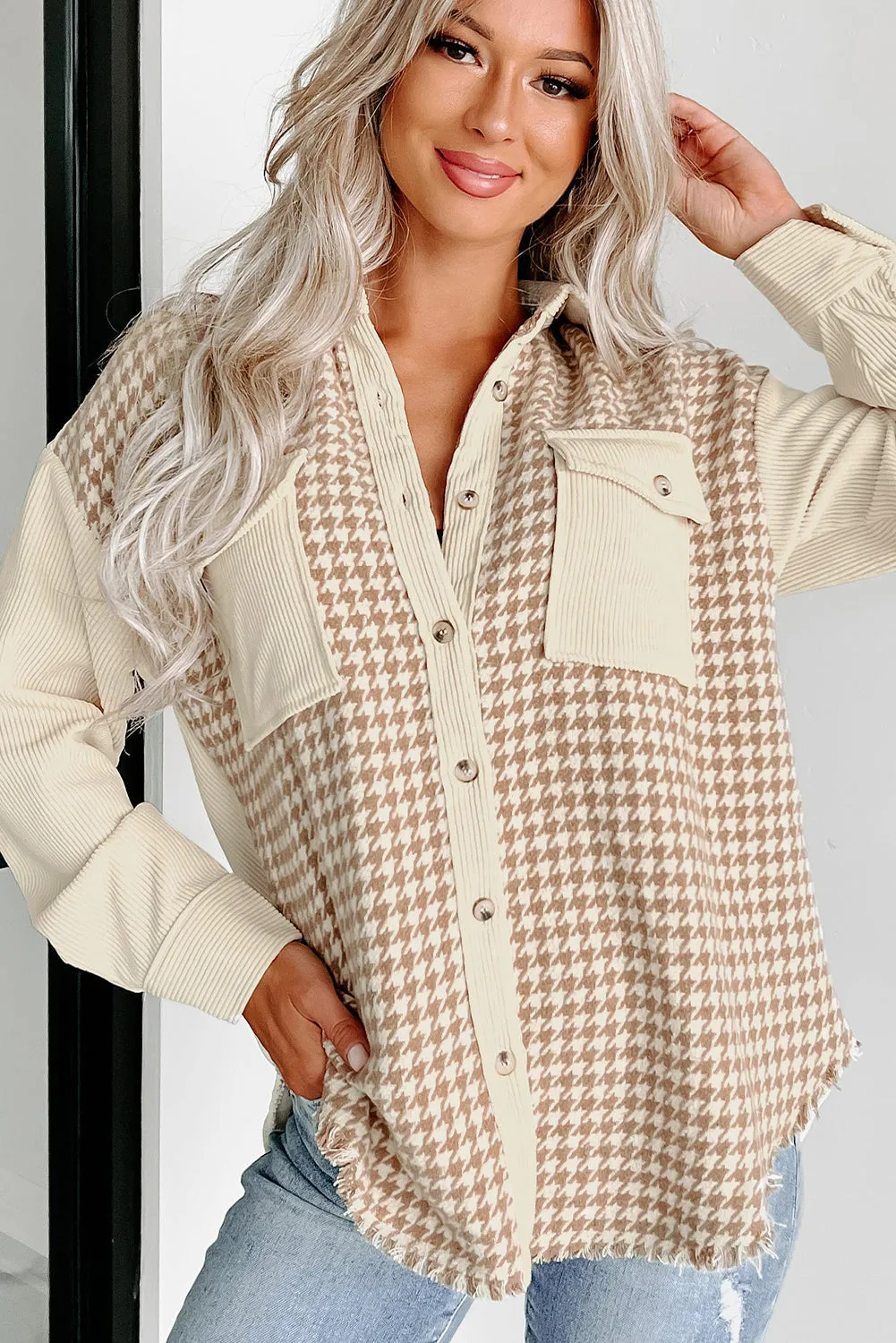 KaleaBoutique Houndstooth Corduroy Patchwork Flap Pocket Shacket