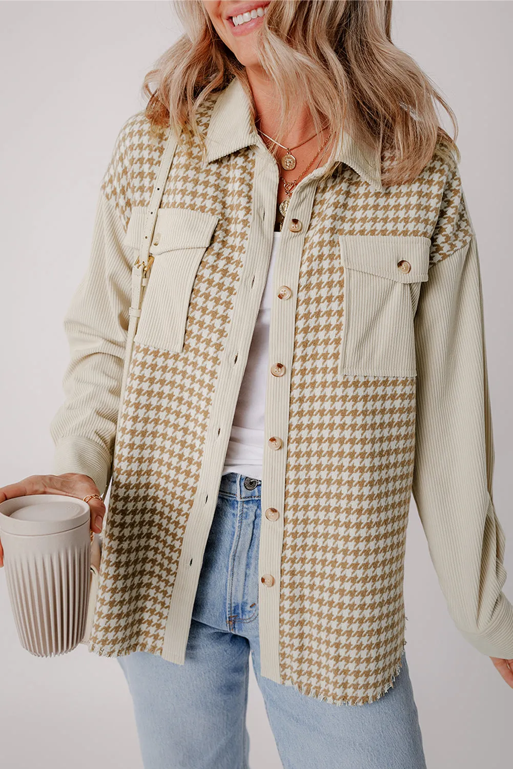 KaleaBoutique Houndstooth Corduroy Patchwork Flap Pocket Shacket