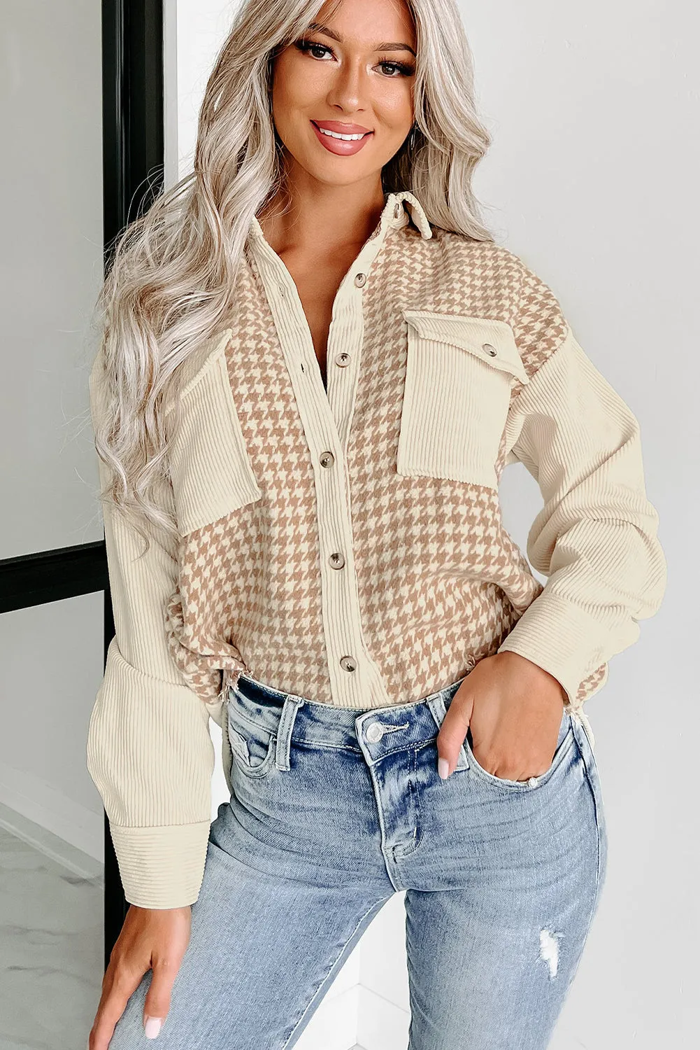 KaleaBoutique Houndstooth Corduroy Patchwork Flap Pocket Shacket
