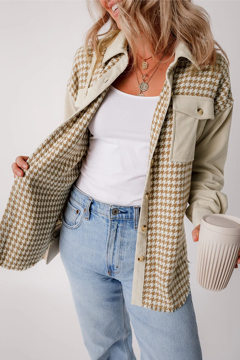 KaleaBoutique Houndstooth Corduroy Patchwork Flap Pocket Shacket
