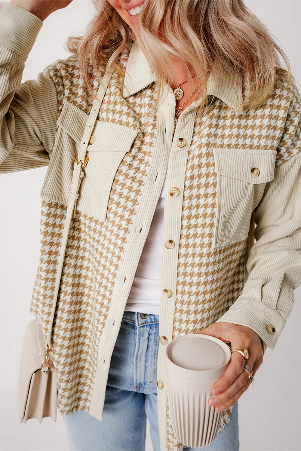KaleaBoutique Houndstooth Corduroy Patchwork Flap Pocket Shacket