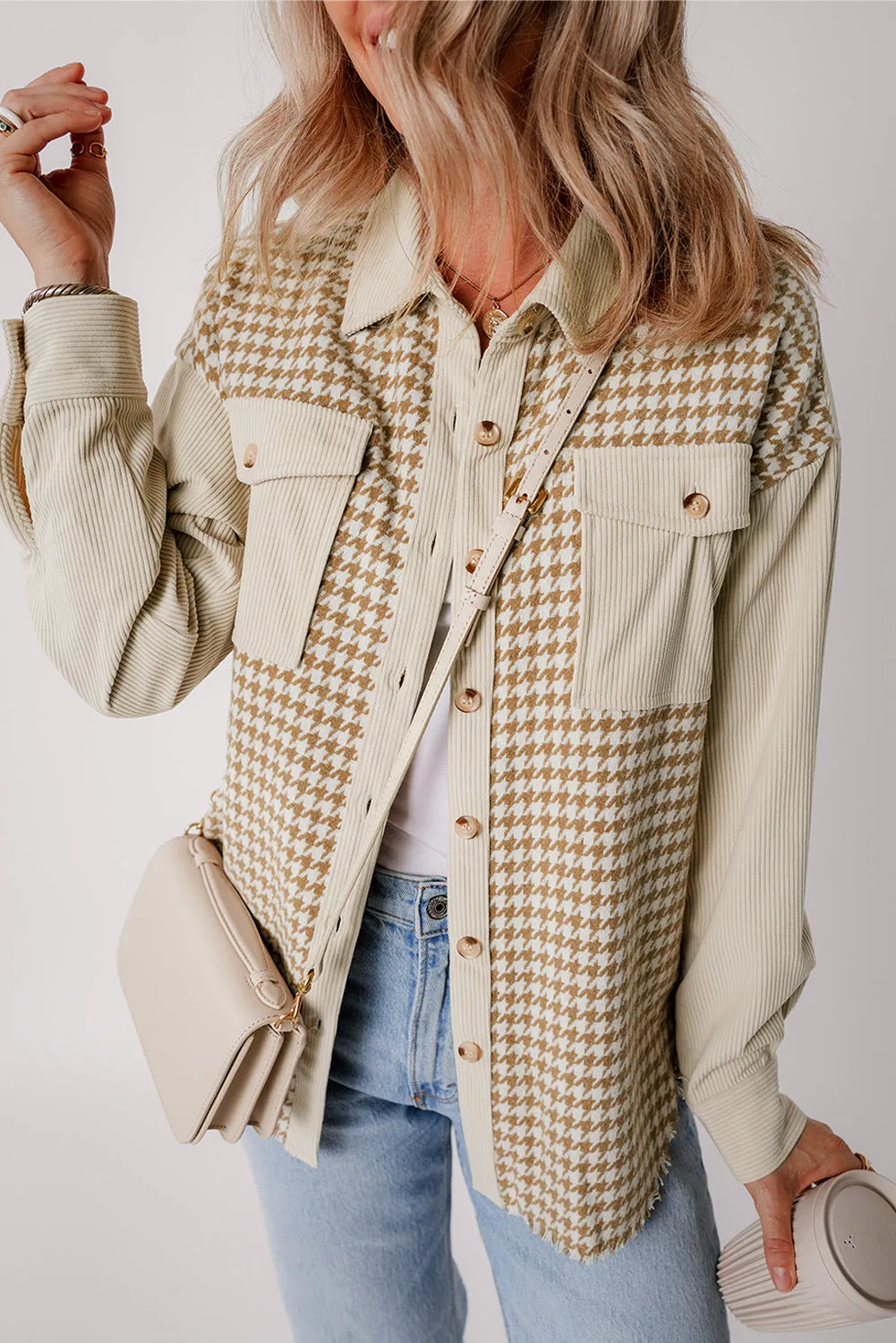 KaleaBoutique Houndstooth Corduroy Patchwork Flap Pocket Shacket