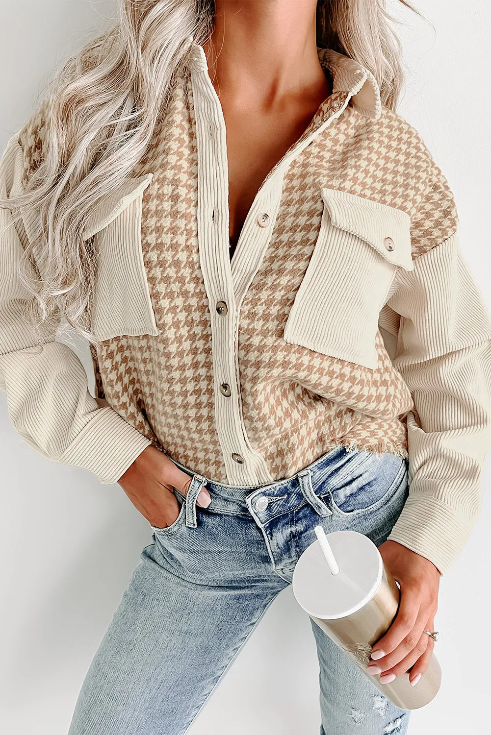 KaleaBoutique Houndstooth Corduroy Patchwork Flap Pocket Shacket