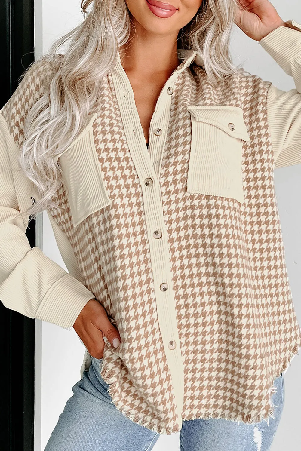 KaleaBoutique Houndstooth Corduroy Patchwork Flap Pocket Shacket