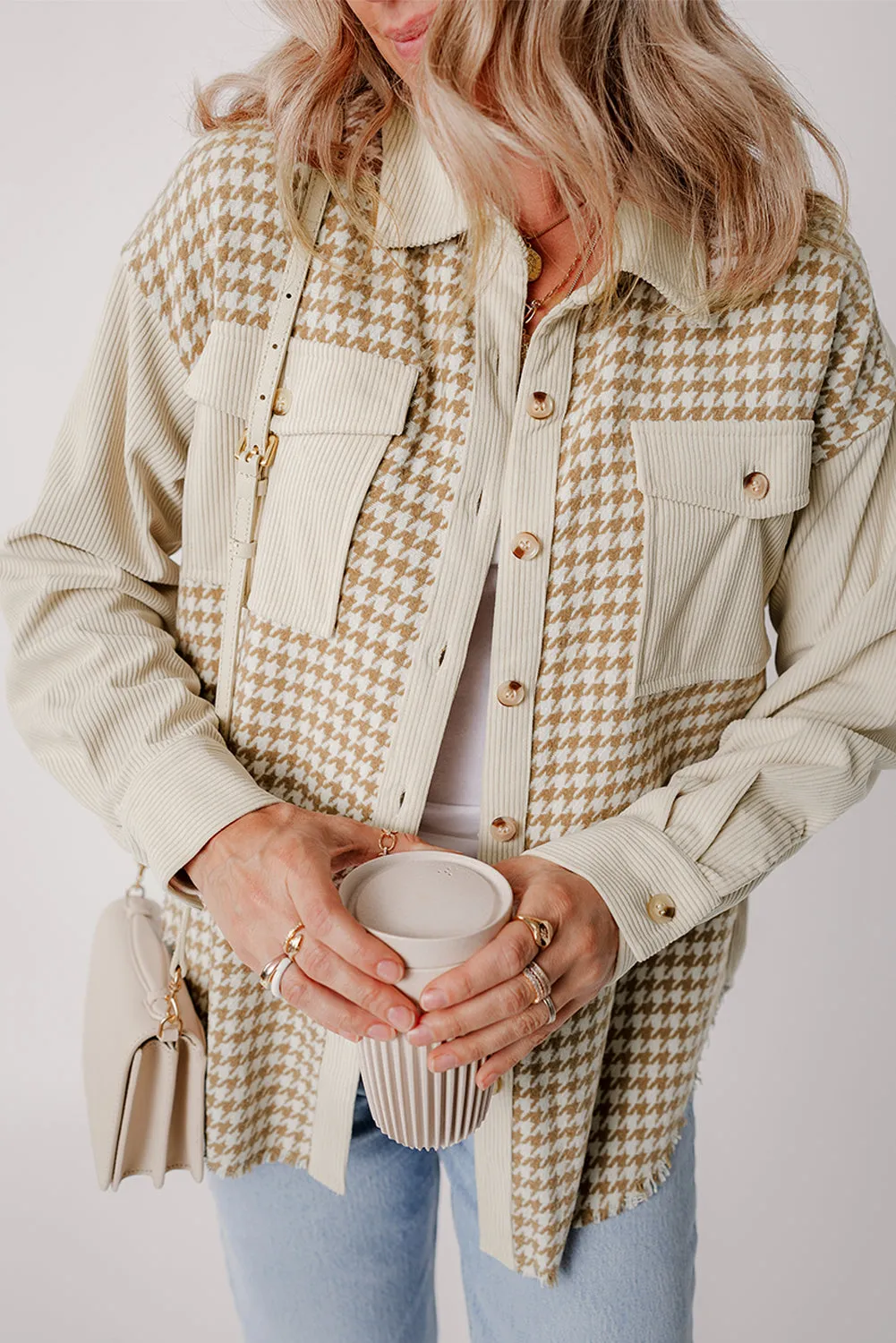 KaleaBoutique Houndstooth Corduroy Patchwork Flap Pocket Shacket