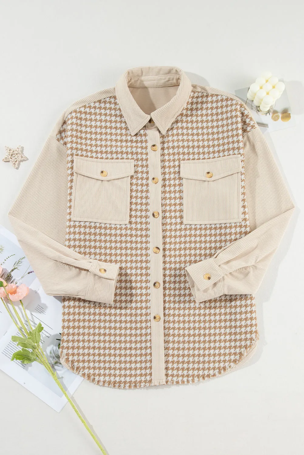 KaleaBoutique Houndstooth Corduroy Patchwork Flap Pocket Shacket