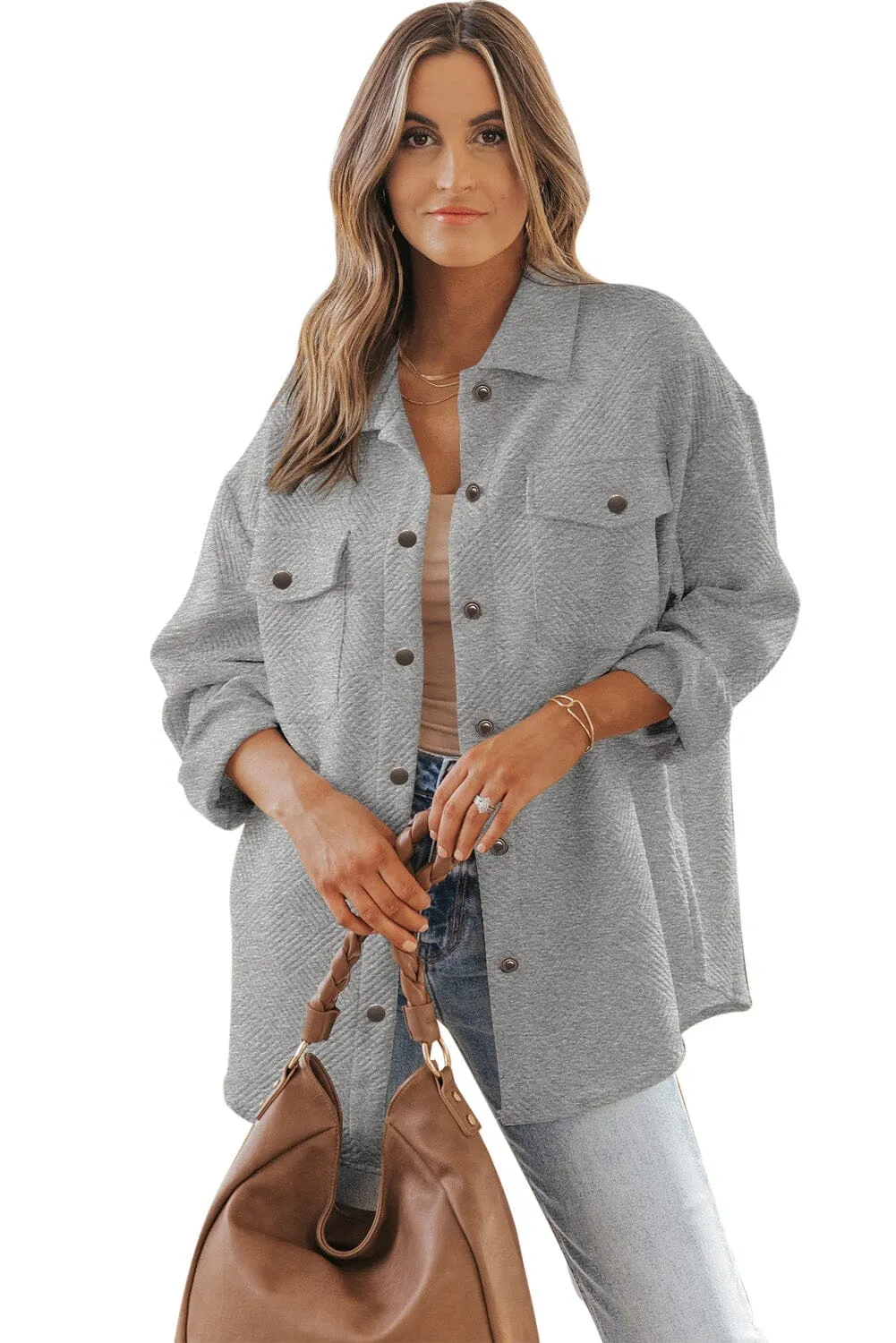 KaleaBoutique Solid Textured Flap Pocket Buttoned Shacket