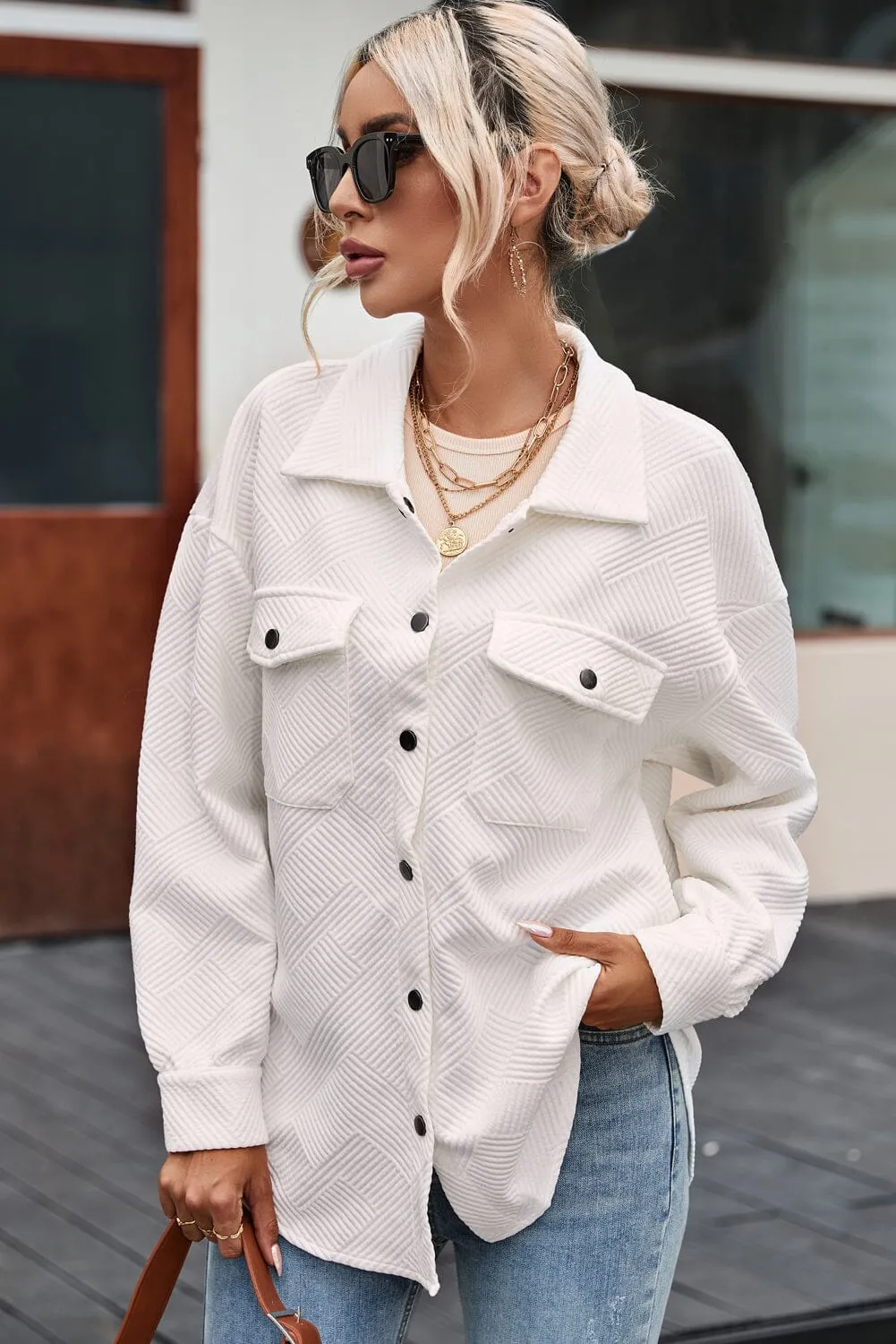 KaleaBoutique Solid Textured Flap Pocket Buttoned Shacket