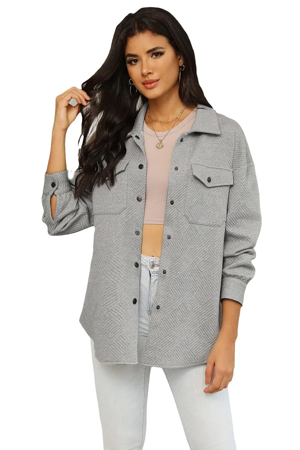 KaleaBoutique Solid Textured Flap Pocket Buttoned Shacket