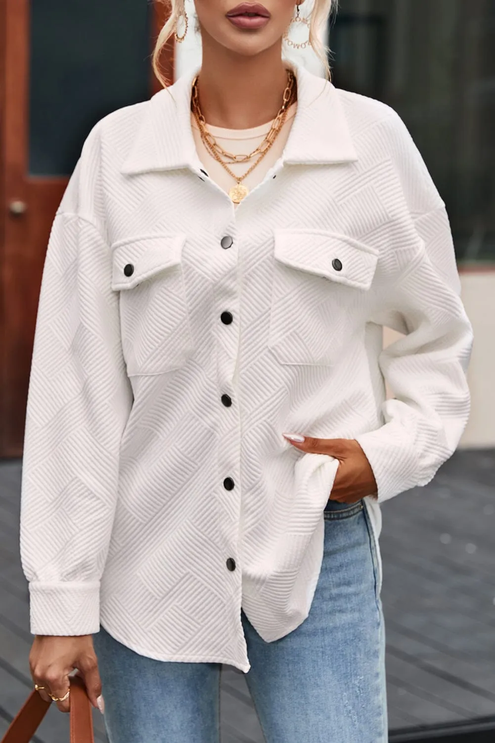 KaleaBoutique Solid Textured Flap Pocket Buttoned Shacket