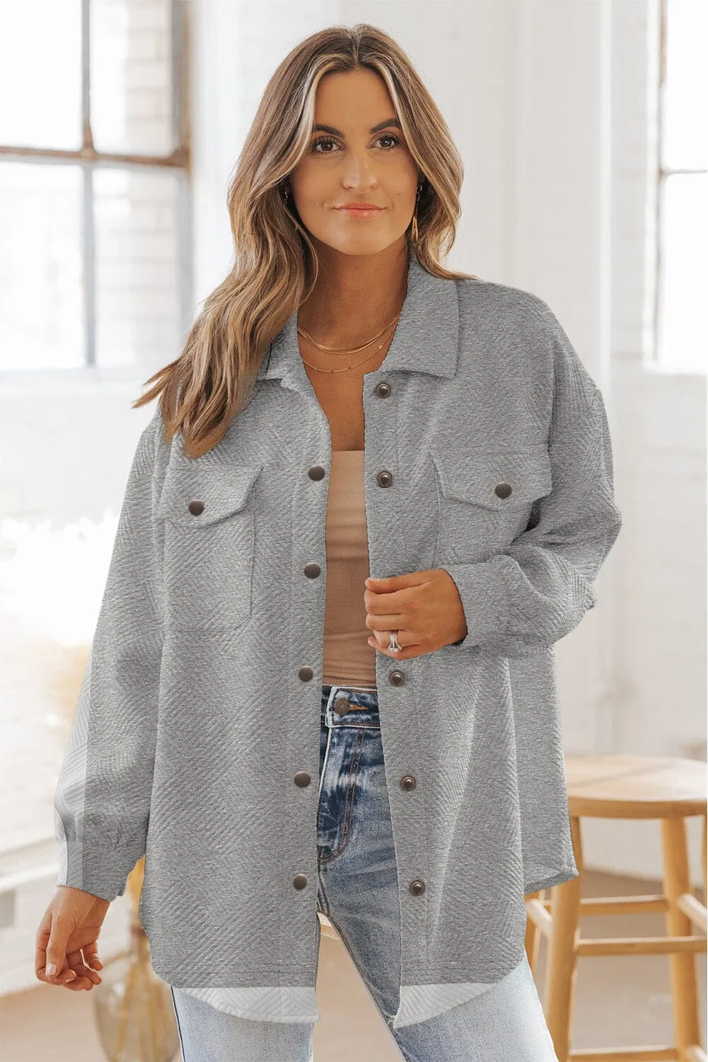 KaleaBoutique Solid Textured Flap Pocket Buttoned Shacket