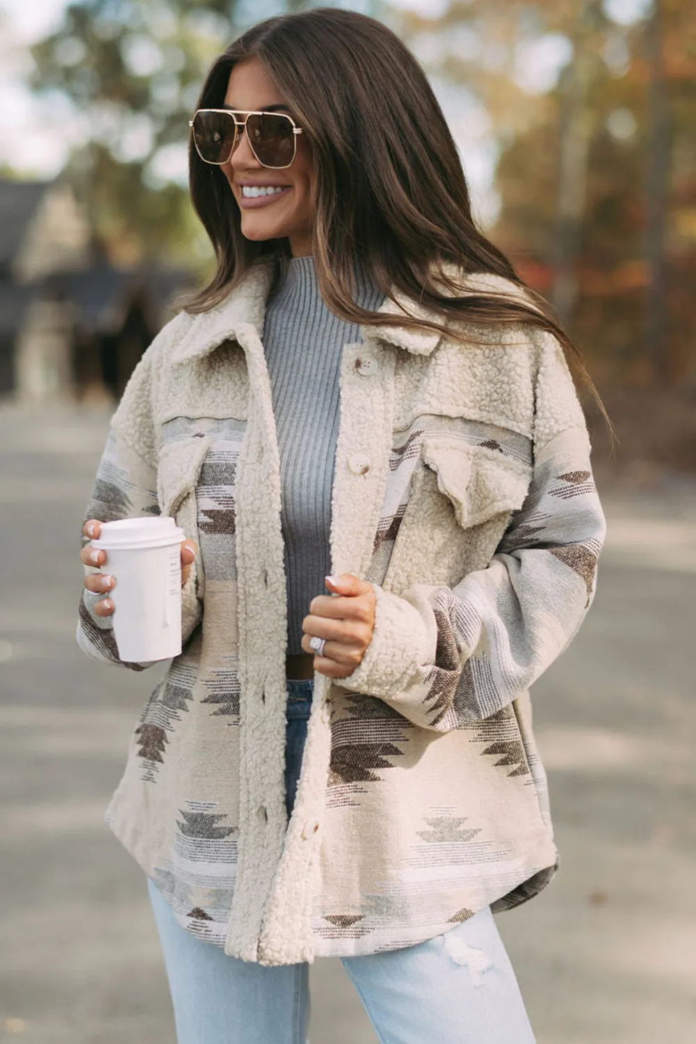 KaleaBoutique Western Aztec Print Sherpa Splicing Buttoned Flap Pocket Coat