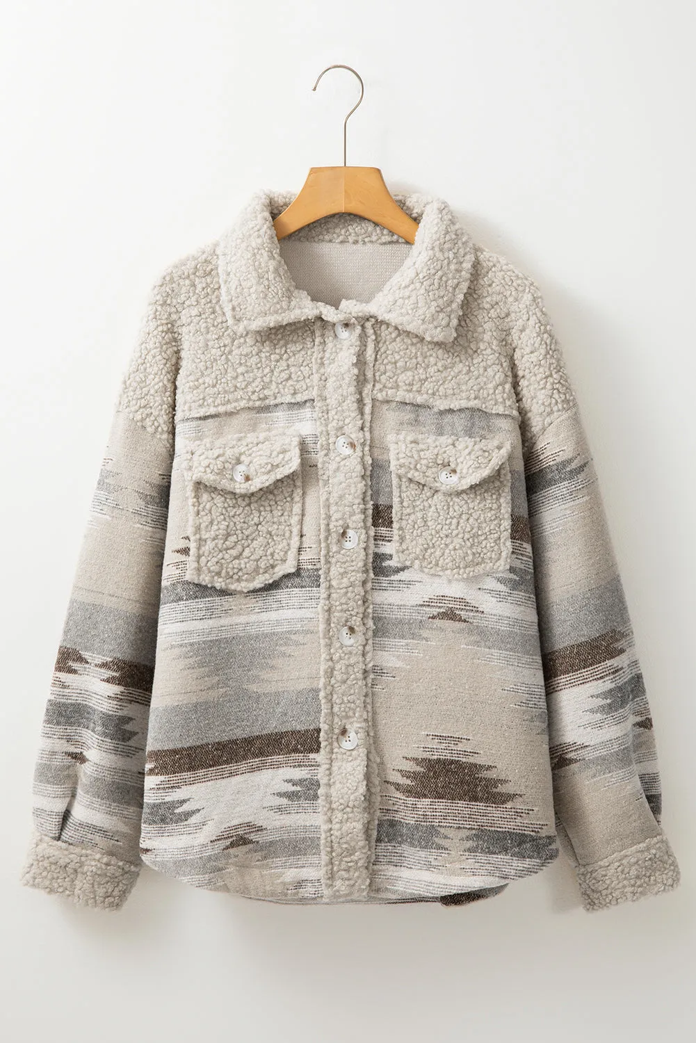 KaleaBoutique Western Aztec Print Sherpa Splicing Buttoned Flap Pocket Coat