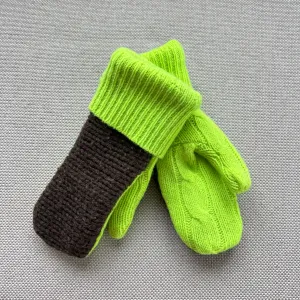 Kids Mittens S/M - Bright Green & Brown  252