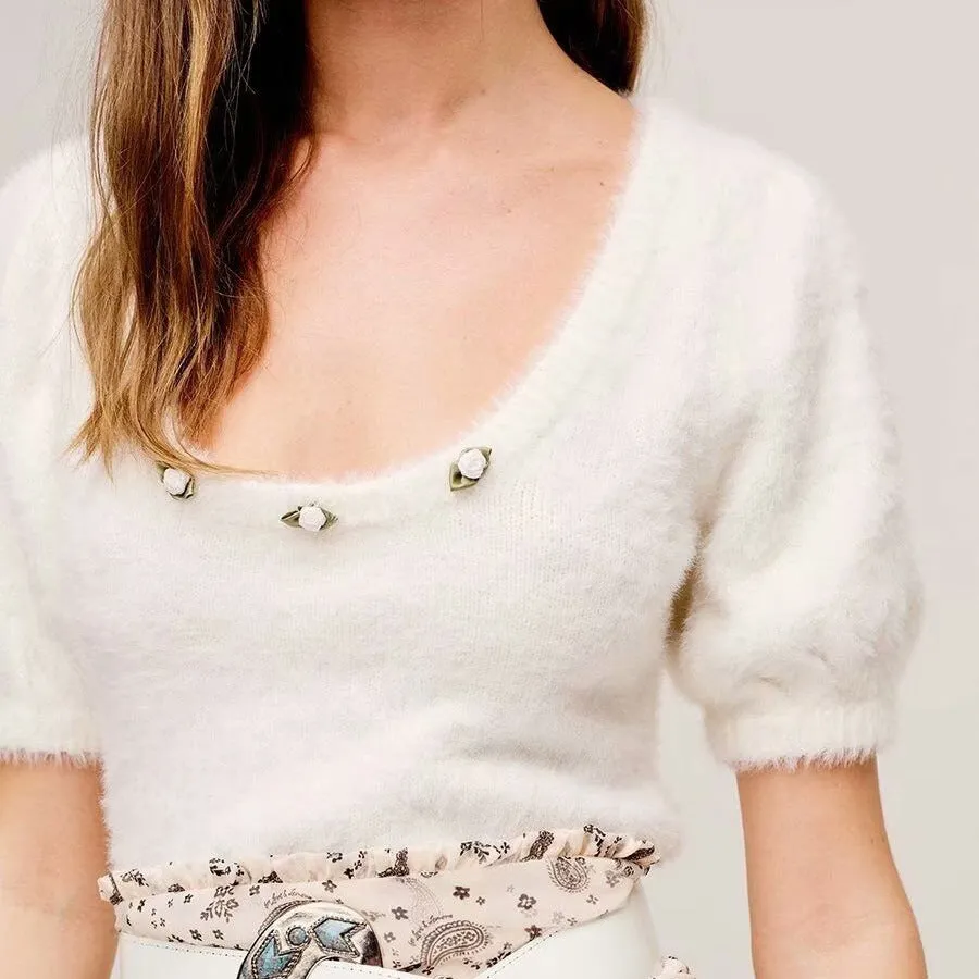 Knit Puff Sleeve Flower Decoration Sweaters