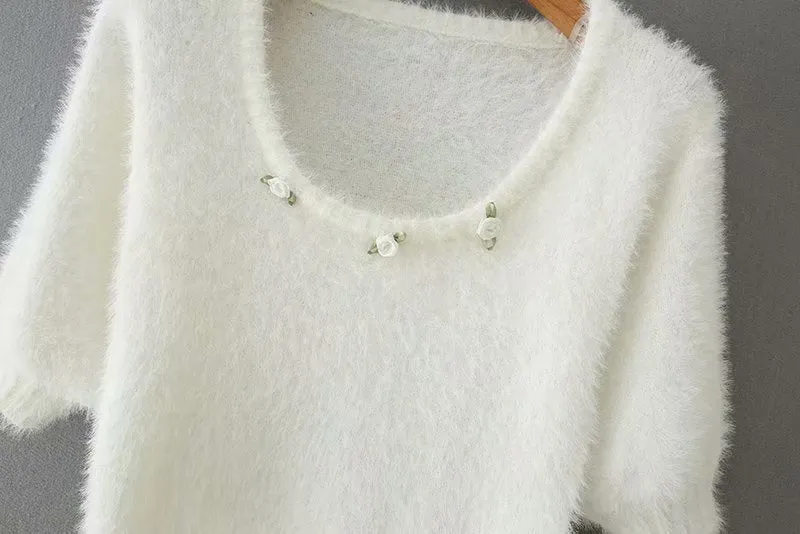 Knit Puff Sleeve Flower Decoration Sweaters