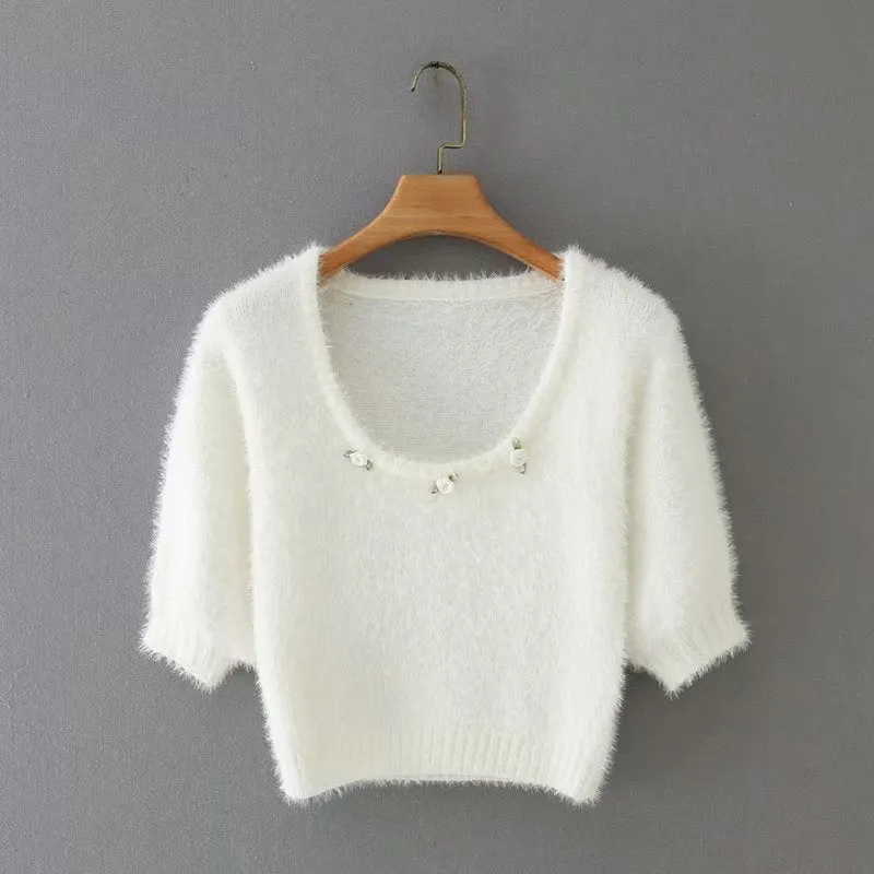 Knit Puff Sleeve Flower Decoration Sweaters