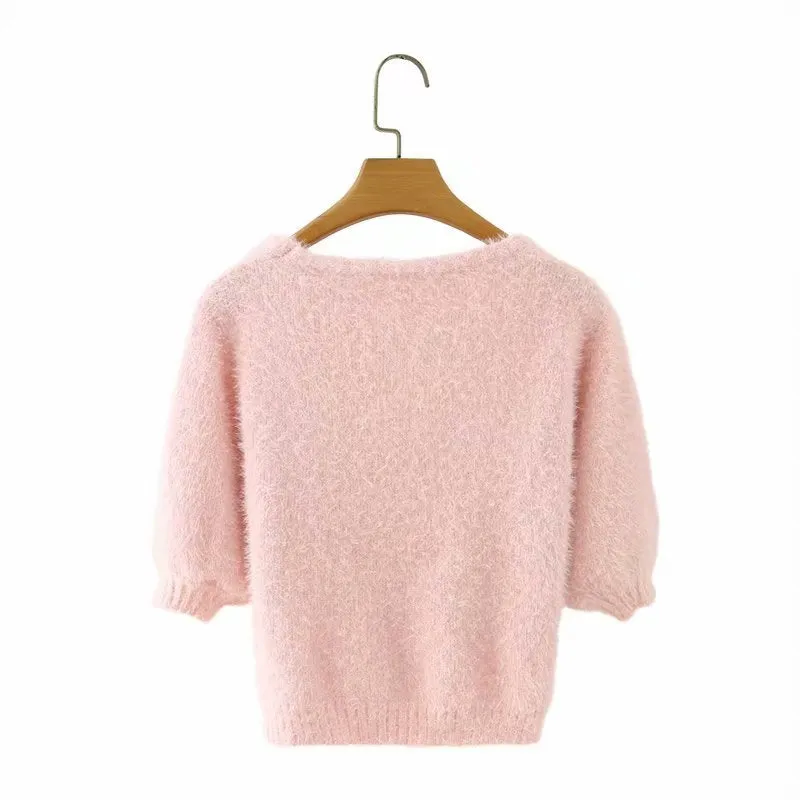 Knit Puff Sleeve Flower Decoration Sweaters