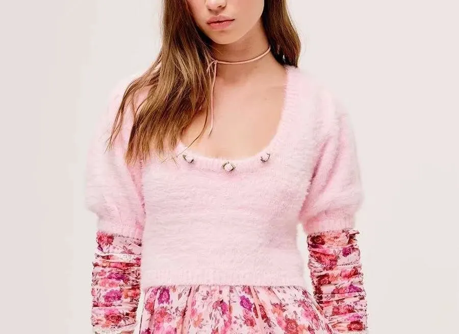 Knit Puff Sleeve Flower Decoration Sweaters