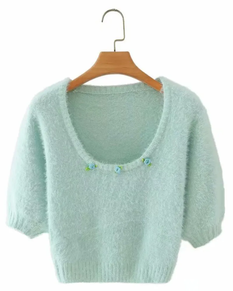 Knit Puff Sleeve Flower Decoration Sweaters