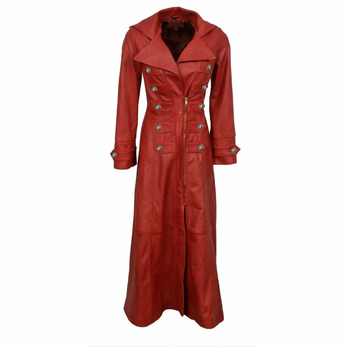 Ladies Red Leather Steampunk Style Trench Coat - T11 - RED