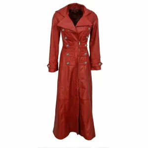 Ladies Red Leather Steampunk Style Trench Coat - T11 - RED