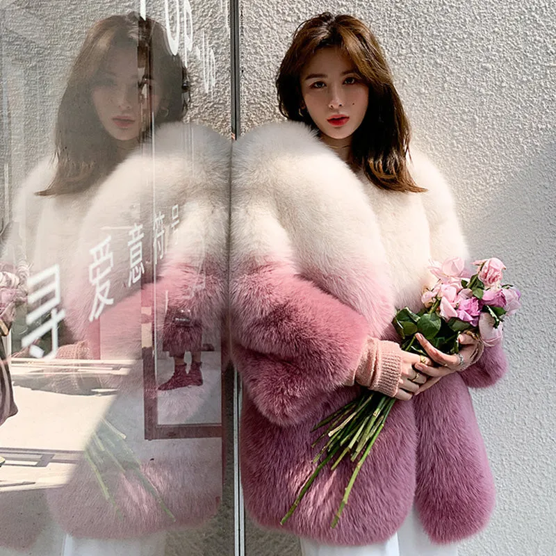 Lady 2022 New Imported Fox Fur Coat Luxury Gradient Full Fur Coat Mid Length Winter 7934