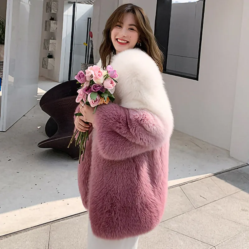 Lady 2022 New Imported Fox Fur Coat Luxury Gradient Full Fur Coat Mid Length Winter 7934