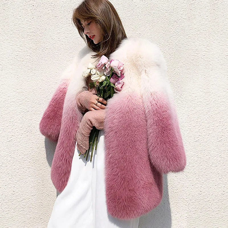 Lady 2022 New Imported Fox Fur Coat Luxury Gradient Full Fur Coat Mid Length Winter 7934